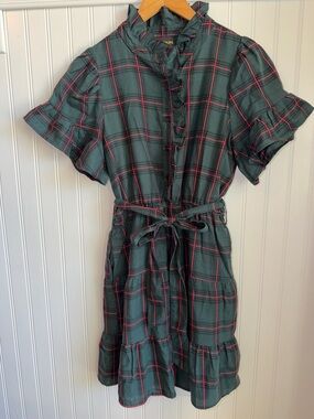 Sugarlips Green Plaid Ruffle Shirt Dress with Tie Waist